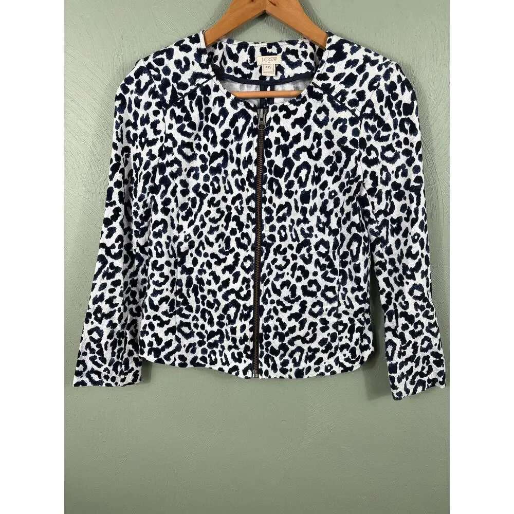 J. Crew Women Size XXS Blue and White Leopard Print Full‎ Zip Moto Bomber Jacket